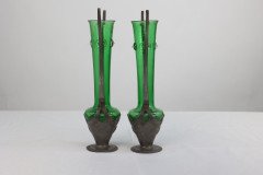 Osiris Pewter. A Pair of Art Nouveau Pewter and Green Glass Twin-Handled Vases - Thumbnail 2