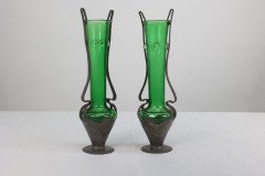 Osiris Pewter. A Pair of Art Nouveau Pewter and Green Glass Twin-Handled Vases - Thumbnail 3