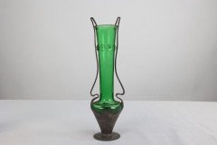Osiris Pewter. A Pair of Art Nouveau Pewter and Green Glass Twin-Handled Vases - Thumbnail 4