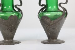 Osiris Pewter. A Pair of Art Nouveau Pewter and Green Glass Twin-Handled Vases - Thumbnail 11