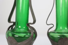 Osiris Pewter. A Pair of Art Nouveau Pewter and Green Glass Twin-Handled Vases - Thumbnail 10