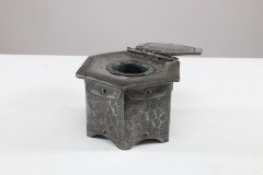 Liberty & Co., (style Of). An Arts & Crafts Pewter Inkwell with a Green Ruskin Jewel & Original Ink Liner - Thumbnail 2