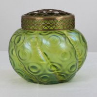 Loetz (attributed). A Green Swirl Glass Flower Holder with Decorative Brass Top - Thumbnail 1