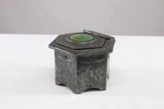 Liberty & Co., (style Of). An Arts & Crafts Pewter Inkwell with a Green Ruskin Jewel & Original Ink Liner - Thumbnail 3