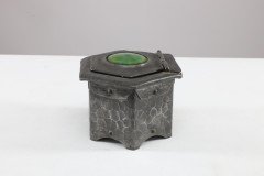 Liberty & Co., (style Of). An Arts & Crafts Pewter Inkwell with a Green Ruskin Jewel & Original Ink Liner - Thumbnail 4