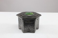 Liberty & Co., (style Of). An Arts & Crafts Pewter Inkwell with a Green Ruskin Jewel & Original Ink Liner - Thumbnail 5