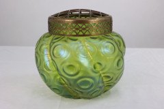 Loetz (attributed). A Green Swirl Glass Flower Holder with Decorative Brass Top - Thumbnail 3