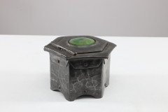 Liberty & Co., (style Of). An Arts & Crafts Pewter Inkwell with a Green Ruskin Jewel & Original Ink Liner - Thumbnail 6