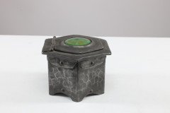 Liberty & Co., (style Of). An Arts & Crafts Pewter Inkwell with a Green Ruskin Jewel & Original Ink Liner - Thumbnail 7