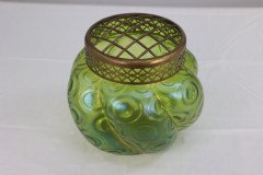 Loetz (attributed). A Green Swirl Glass Flower Holder with Decorative Brass Top - Thumbnail 4