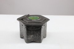 Liberty & Co., (style Of). An Arts & Crafts Pewter Inkwell with a Green Ruskin Jewel & Original Ink Liner - Thumbnail 8