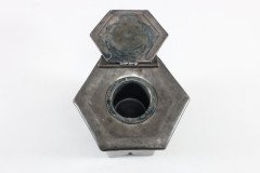 Liberty & Co., (style Of). An Arts & Crafts Pewter Inkwell with a Green Ruskin Jewel & Original Ink Liner - Thumbnail 13