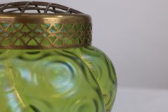 Loetz (attributed). A Green Swirl Glass Flower Holder with Decorative Brass Top - Thumbnail 8