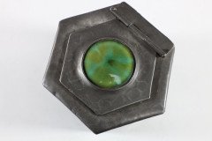 Liberty & Co., (style Of). An Arts & Crafts Pewter Inkwell with a Green Ruskin Jewel & Original Ink Liner - Thumbnail 12