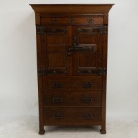 Arts & Crafts Oak Linen Press by Liberty and Co with Fleur De Lys carved details - Thumbnail 1