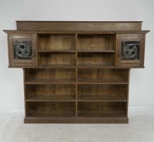 Liberty & Co. Arts & Crafts Oak Bookcase Stain Glass and Copper Hinges & Handles - Thumbnail 1