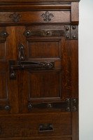 Arts & Crafts Oak Linen Press by Liberty and Co with Fleur De Lys carved details - Thumbnail 21