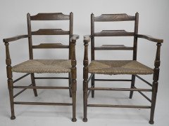 Morris and Co. A Rare Pair of Arts and Crafts Ladder Back Rush Seat Armchairs. - Thumbnail 1