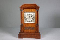 A Continental Arts & Crafts Oak Mantle Clock with Carved Stylised Glasgow Roses - Thumbnail 2