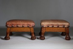 Pair of Aesthetic Movement Oak Thebes Stools – Leather Studded, c.1890 - Thumbnail 2