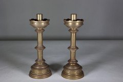 Jones & Willis – Pair of Gothic Revival Heavy Brass Castellated Candlesticks - Thumbnail 2