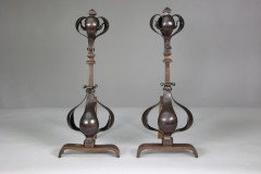 A Pair of Arts & Crafts Copper & Bronze Fire Dogs with Pyramid Style Finials - Thumbnail 2