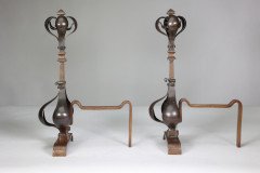 A Pair of Arts & Crafts Copper & Bronze Fire Dogs with Pyramid Style Finials - Thumbnail 3