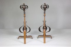 A Pair of Arts & Crafts Copper & Bronze Fire Dogs with Pyramid Style Finials - Thumbnail 5