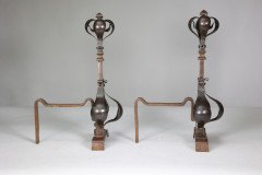 A Pair of Arts & Crafts Copper & Bronze Fire Dogs with Pyramid Style Finials - Thumbnail 7