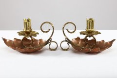 Arts and Crafts c.1900 Pair of Copper and Brass Lily Pad Candle Night Lights - Thumbnail 2