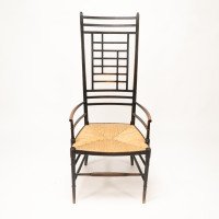 James Plucknett, attributed. Probably for Collier & Plucknett. An Exaggerated High Back Anglo-Japanese Ebonized Armchair - Thumbnail 2