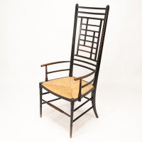 James Plucknett, attributed. Probably for Collier & Plucknett. An Exaggerated High Back Anglo-Japanese Ebonized Armchair - Thumbnail 3