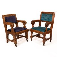 Bruce Talbert for Gillow and Co. – Gothic Revival Armchairs in Blue Upholstery
