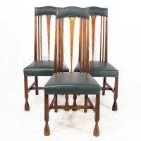 Liberty & Co., attributed. Set of 3 Dining Chairs with Voysey Style Inlaid Pewter Heart - Thumbnail 3