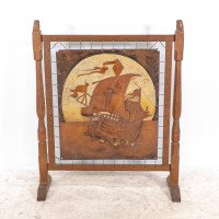 Albert Harrison Thirsk, attributed. A Carved & Adzed Oak Fire Screen with Leather Panel - Thumbnail 2