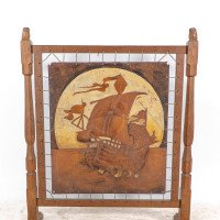 Albert Harrison Thirsk, attributed. A Carved & Adzed Oak Fire Screen with Leather Panel - Thumbnail 6