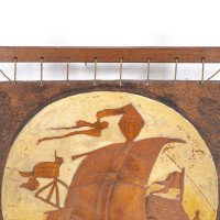 Albert Harrison Thirsk, attributed. A Carved & Adzed Oak Fire Screen with Leather Panel - Thumbnail 8