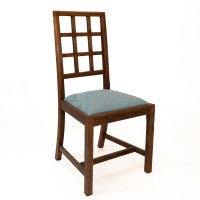 Heals. Set of 4 Arts & Crafts Oak Lattice Back Dining Chairs & Blue Damask Seats - Thumbnail 2