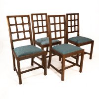Heals. Set of 4 Arts & Crafts Oak Lattice Back Dining Chairs & Blue Damask Seats