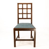 Heals. Set of 4 Arts & Crafts Oak Lattice Back Dining Chairs & Blue Damask Seats - Thumbnail 3