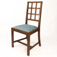 Heals. Set of 4 Arts & Crafts Oak Lattice Back Dining Chairs & Blue Damask Seats - Thumbnail 4