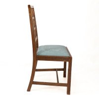 Heals. Set of 4 Arts & Crafts Oak Lattice Back Dining Chairs & Blue Damask Seats - Thumbnail 5