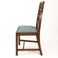 Heals. Set of 4 Arts & Crafts Oak Lattice Back Dining Chairs & Blue Damask Seats - Thumbnail 6