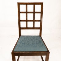 Heals. Set of 4 Arts & Crafts Oak Lattice Back Dining Chairs & Blue Damask Seats - Thumbnail 8