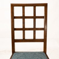 Heals. Set of 4 Arts & Crafts Oak Lattice Back Dining Chairs & Blue Damask Seats - Thumbnail 9
