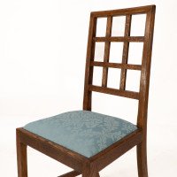 Heals. Set of 4 Arts & Crafts Oak Lattice Back Dining Chairs & Blue Damask Seats - Thumbnail 7
