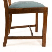 Heals. Set of 4 Arts & Crafts Oak Lattice Back Dining Chairs & Blue Damask Seats - Thumbnail 11