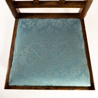 Heals. Set of 4 Arts & Crafts Oak Lattice Back Dining Chairs & Blue Damask Seats - Thumbnail 10