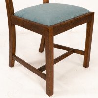 Heals. Set of 4 Arts & Crafts Oak Lattice Back Dining Chairs & Blue Damask Seats - Thumbnail 13