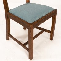Heals. Set of 4 Arts & Crafts Oak Lattice Back Dining Chairs & Blue Damask Seats - Thumbnail 12